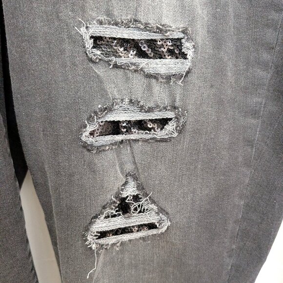 Lane Bryant Black Sequin Inserts Dark Gray Low Rise Girlfriend Distressed Jeans - Picture 3 of 6